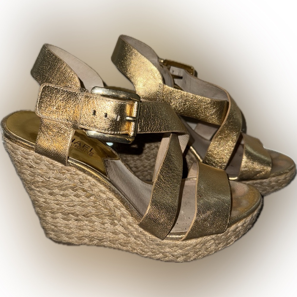 MICHAEL KORS GOLD LEATHER ESPADRILLE HIGH HEEL SANDALS SIZE US 6